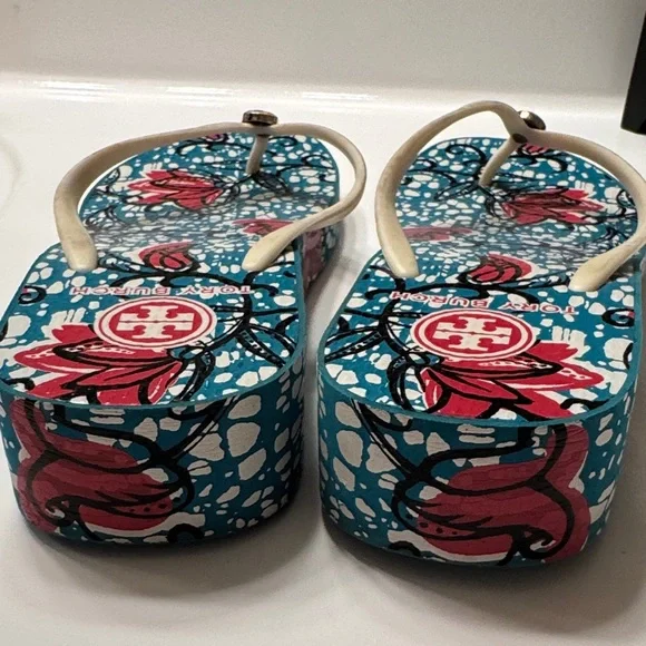 Tory Burch Blue and Red Floral Flip Flops - Picture 2 of 5
